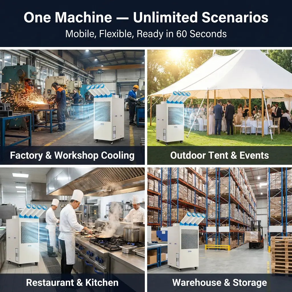 Logotipo personalizado OEM Condicionador de ar industrial portátil 110V 220V 380V Multi-tensão baixo MOQ fornecimento direto da fábrica